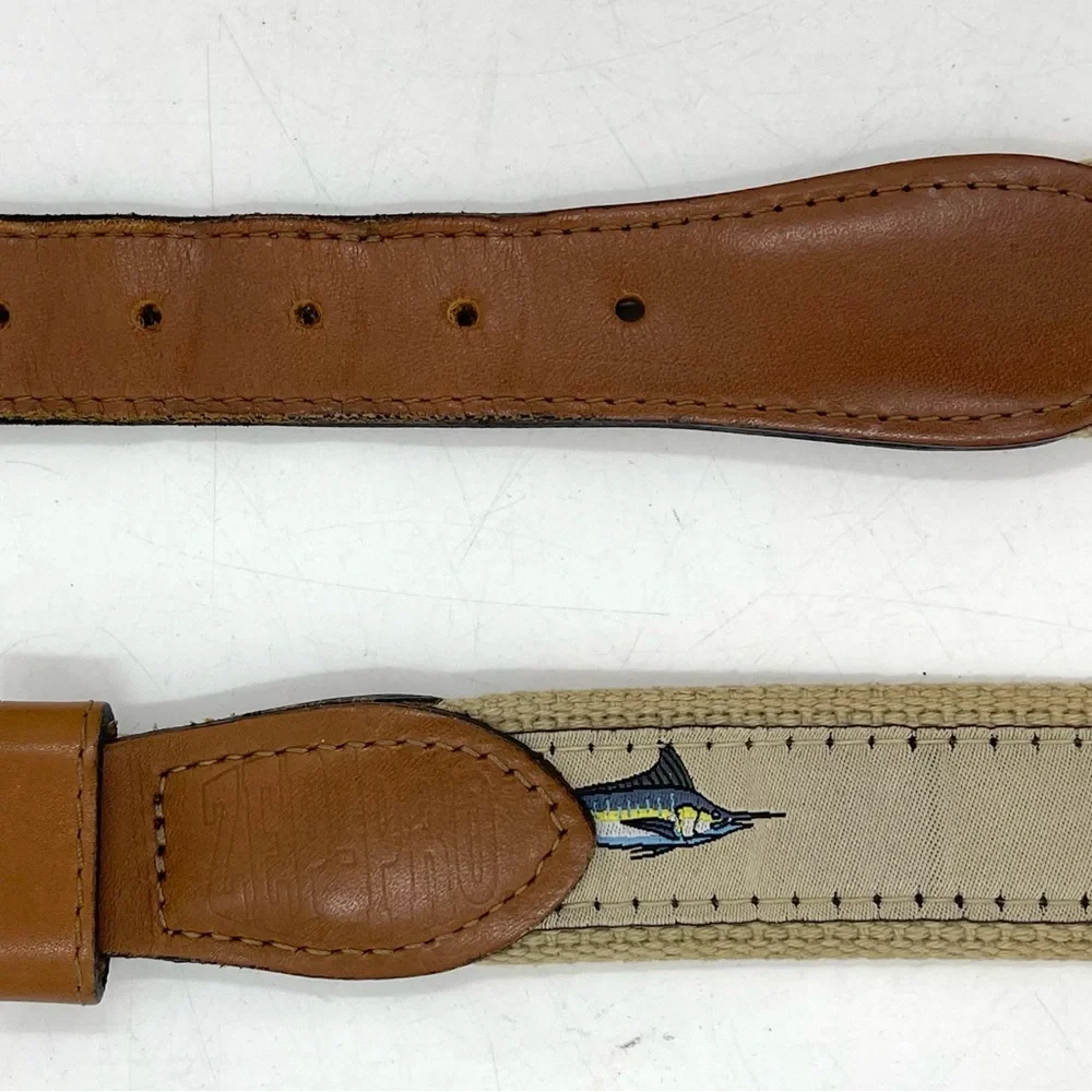 Zep Pro Leather Canvas Belt Embroidery Marlin Fish‎ Brown Men's 42 Fisherman USA